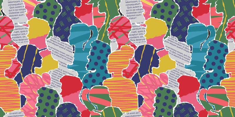 Crowd abstract art. Paper people silhouettes collage with newspaper text cutouts, polka dots and scribbles patterns. Social scrapbooking seamless pattern background illustration