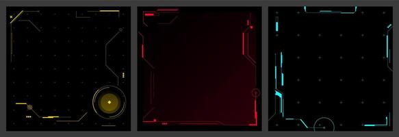 Futuristic tech backgrounds. Abstract cyber backdrop, sci fi digital interface square, high technology UI with geometric frames for game menu design. set vector