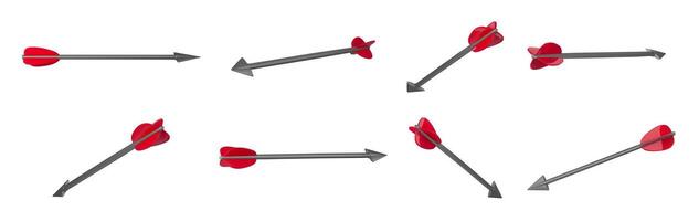 Bow arrows. Sharp point archery arrow with red fletching, arrowhead weapon pointer various 3D angles realistic isolated illustration collection vector