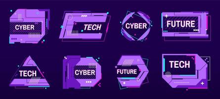 Tech banner frames. Cyber futuristic labels and digital glitch badge templates with abstract sci fi text boxes and hi tech design elements. Glitched label layouts set vector