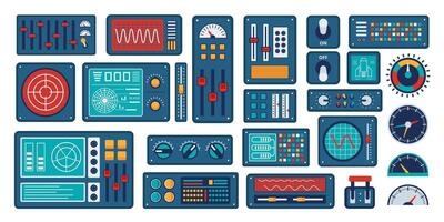 Spaceship control panel. Dashboard interface gauges, digital meters, retro futuristic sliders, console knobs and switches. Complex technology space station system UI set vector