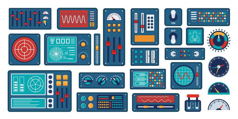Spaceship control panel. Dashboard interface gauges, digital meters, retro futuristic sliders, console knobs and switches. Complex technology space station system UI set