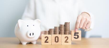 2024 end year to Happy New Year 2025 with piggy bank. Resolution, Goals, Plan, Action, Money Saving, Retirement fund, Pension, Investment and Financial concepts photo