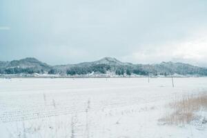 Landscape of mountain with snow in winter day. Photo from train window. Nature background