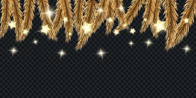 Template for design. Realistic effect. Glow. Christmas branch with Christmas tree decorations and garlands on a transparent background. Sparkling. 3d. Pine ornament. Shine. Cut out. Postcards. Banner vector