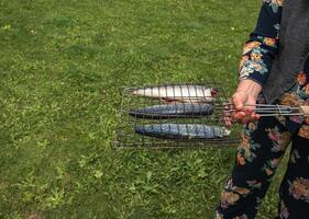 The process of cooking mackerel fish in a marinade on the grill. The hostess puts the salted fish on the grill. photo