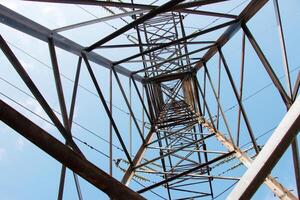 Close-up view of an electric tower with a beautiful blue sky background. Industrial engineering concept. Iron structure for high-voltage electrical engineering. photo