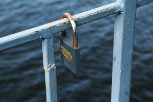 Structural elements of the old pedestrian bridge built in the USSR across the Dnieper River. photo