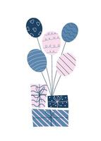 Festive balloons and gifts in simple flat style. Suitable for cards, New Year and Christmas greetings, Birthday vector