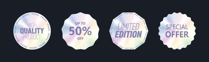 Holographic Sticker Set. Iridescent Shiny Textured Product Warranty Label. Realistic Hologram Icon. Holographic Shimmer Stickers with Text. Original vector
