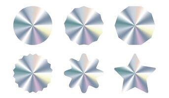Holographic silver stickers set different shapes. Iridescent shiny textured stickers set for product guarantee. Hologram labels in circle, star, waves shapes. vector