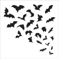 Halloween bat isolated on white background. Bats flying upward from afar, a growing flock of bats. Simple black contour bats for horror night holiday. For label, card, banner, ad vector