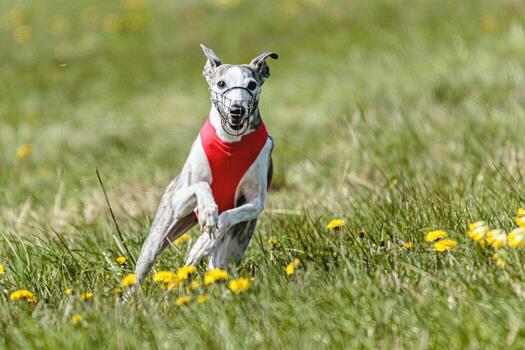 Whippet sprinter running in red jacket on coursing field at competition in summer photo