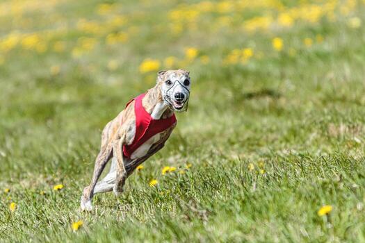 Whippet sprinter running in red jacket on coursing field at competition in summer photo