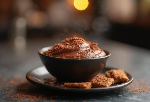 Chocolate pudding in a black bowl on a table photo