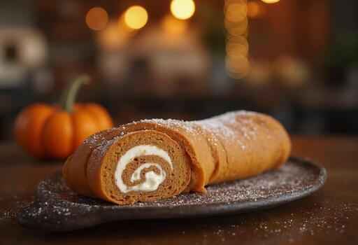 A pumpkin roll on a plate with sugar photo