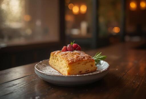 A piece of cake on a plate with berries photo