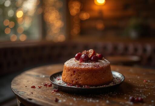 A dessert on a plate with a red cherry on top photo