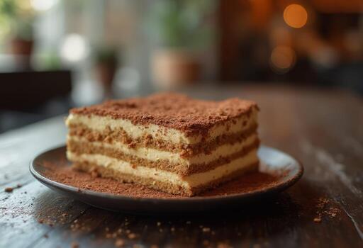 A piece of cake on a plate on a table photo