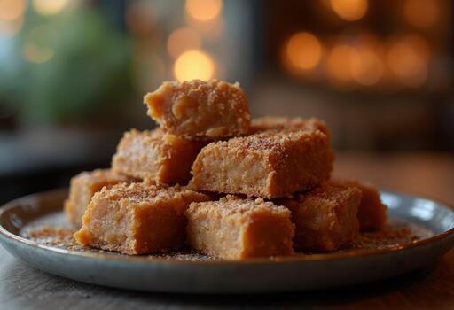 A plate of fudge on a table in front of a fireplace photo