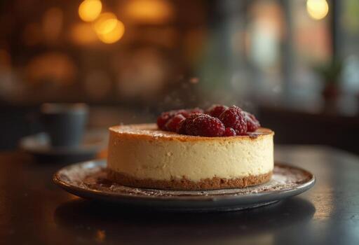 A cheesecake with raspberries on top photo
