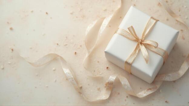 A white gift box with a golden ribbon on a white background photo