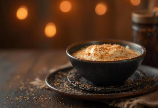 Cinnamon latte with whipped cream and cinnamon on a wooden table photo