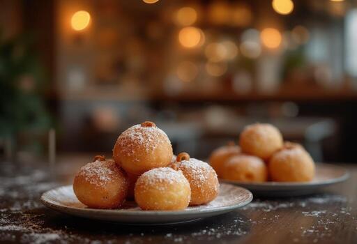 A plate of donuts on a table with a blurry background photo