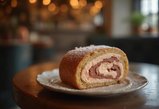 A roll of cake sitting on a plate photo