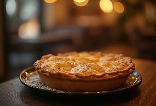 A pie on a plate on a wooden table photo
