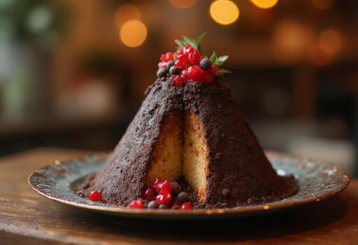 A chocolate cake with berries on top photo