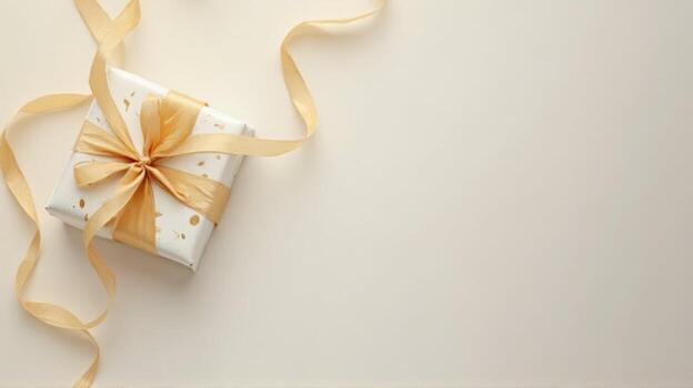 Gift box with ribbon and gold ribbon on white background photo