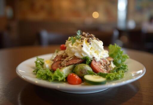 A salad with a dressing on top of it photo