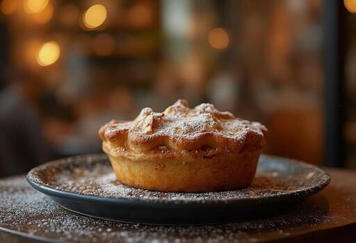 A pastry on a plate with powdered sugar photo