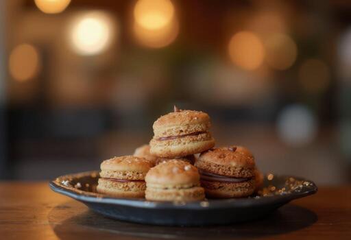 A plate of macarons sitting on top of a wooden table photo