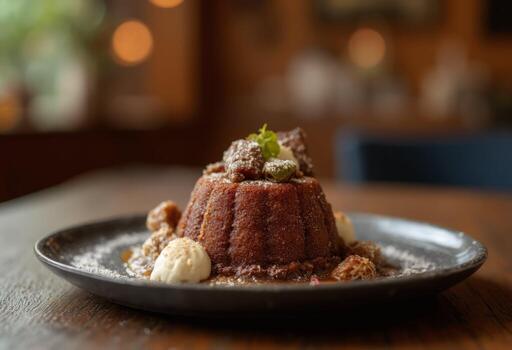 A dessert on a plate with a wooden table photo
