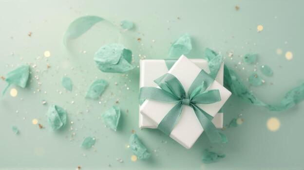 Gift box with green ribbon and confetti on a green background photo