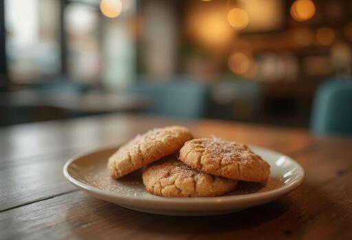 Three cookies sit on a white plate on a wooden table photo
