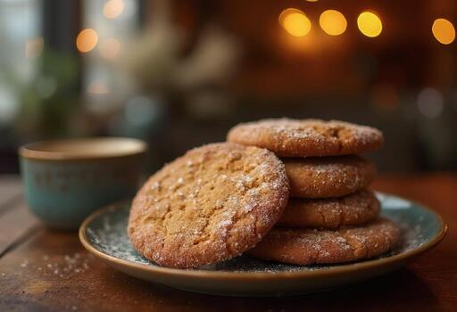 A stack of cookies on a plate with a cup of coffee photo