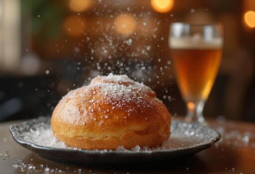 A pastry on a plate with sugar on it photo