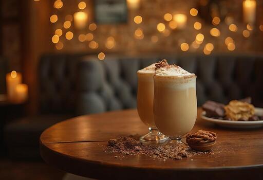 Two drinks sit on a wooden table in front of a christmas tree photo