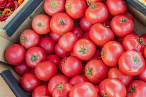Ripe tomato. Choose ripe tomato in market. Tomatoes lying on a pile on top of each other, tomato texture. Selective focus. photo
