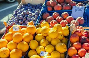 Fresh lemons are stacked on supermarket shelf and ready for purchase. Each lemon is ripe and full of citrus notes. Ideal for demonstrating availability and quality of fresh lemons in grocery stores. photo