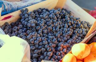 Grape or anggur on the market. Grapes can be eaten fresh as table grapes or they can be used for making wine, jam, grape juice and jelly photo