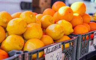 Fresh lemons are stacked on supermarket shelf and ready for purchase. Each lemon is ripe and full of citrus notes. Ideal for demonstrating availability and quality of fresh lemons in grocery stores. photo