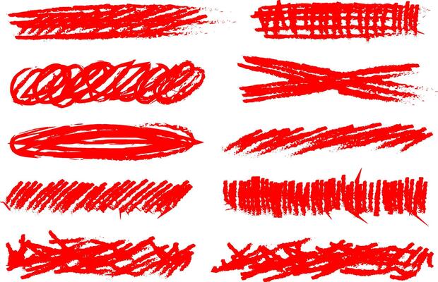 Red Grunge Brush Strokes Collection. Distressed Red Paint Textures. Red Scratched Banner Elements. Textured Red Highlighter Marks.