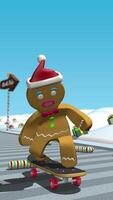Gingerbread boy with Christmas hat on skateboard jumping over red Merry Christmas sign on street with candy canes against snowy background with gift boxes and blue sky. Loop sequence. 3D animation video