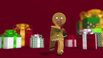 Happy dancing Gingerbread man on red surface against defocused gift boxes background. funny and sweet cookie boy dancing for holiday. Loop sequence. 3D animation video