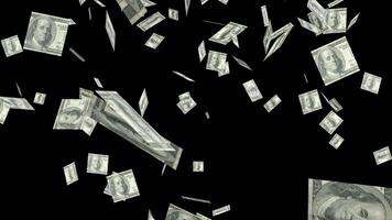 Free 3D dollar animation, money notes are falling and forming rain effect, black background good for overlays with alpha matte blending, concept of throwing a substantial of paper money download video