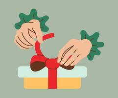 Flat style illustration of two hands untying a red ribbon on a colorful gift box with decorative cuffs on a green background. Perfect for holiday, festive, and celebration-themed designs. vector